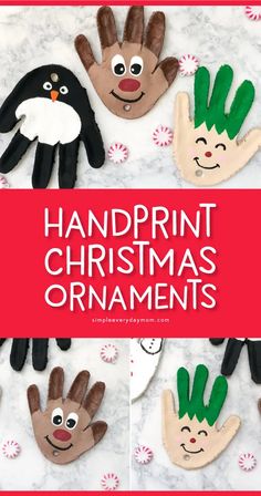 handprint christmas ornaments with the words, handprint christmas ornaments