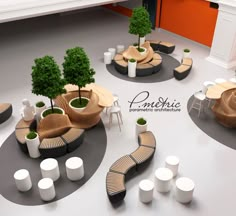 a group of tables and chairs with planters on them in the middle of a room