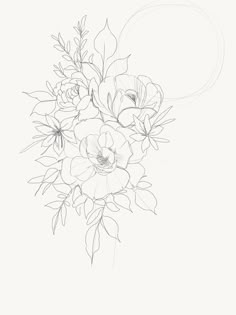 a pencil drawing of flowers on a white background