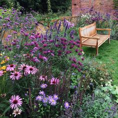 a wooden bench sitting in the middle of a garden filled with purple and yellow flowers