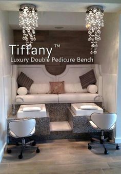 a living room with white furniture and chandelier above the couch, is featured in tiffany luxury double pedicture bench