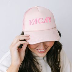 Get ready for endless summer vibes with our Pink Vacay Trucker Hat! This hat is playful with its hot pink, puff letters that scream "it's time for a VACAY!" Perfect for your next getaway, it’s the ultimate accessory for fun in the sun. Bright, bold, and beach-ready! Pink Sun Hat For Beach Travel, Playful Summer Travel Hat, Fun Spring Travel Sun Hat, Fun Pink Sun Hat For Vacation, Pink Curved Brim Hat For Vacation, Trendy Pink Sun Hat For Beach Season, Pink Summer Hat For Travel, Playful Pink Sun Hat For Beach Season, Pink Curved Brim Vacation Hat