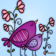 a purple bird sitting on top of a flower next to a blue sky with pink flowers