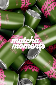 many green and pink cans with the word matcha moments written on them in white