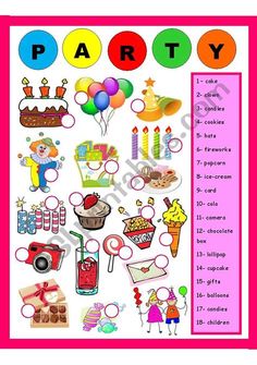 a party poster with balloons, cake and other items