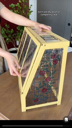 a woman is opening up a stained glass box on a table in front of a potted plant