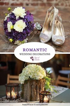 wedding decorations and flowers are displayed on the table