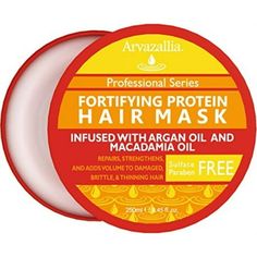 Arvazallia Fortifying Protein Hair Mask with Argan Oil and Macadamia Oil is a professional protein enriched deep conditioning treatment that is specially formulated to strengthen, repair, and add volume to damaged, brittle, dry, or thinning hair while also helping to prevent hair breakage and repairing split ends. It promotes natural hair growth and helps prevent hair loss through use of an exclusive protein therapy formula which includes Hydrolyzed Wheat Protein , Aloe Vera , Argan Oil , and Ma Protein Hair Mask, Protein Hair, Hair Repair Treatments, Dunner Wordend Haar, Protein Conditioner, Best Hair Mask, Hair Mask For Damaged Hair, Hair Protein, Argan Oil Hair