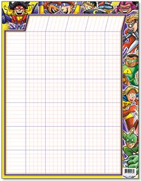 a large sheet of lined paper with cartoon characters on the front and bottom, in yellow