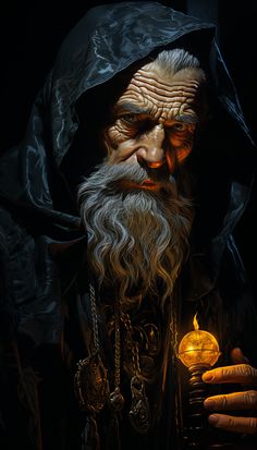 an old man with a long beard holding a lantern