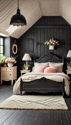 a bedroom with black walls and wooden floors