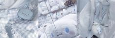 several stuffed animals are on display in a store window with white sheets and plaid fabric