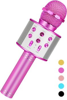 a pink microphone with different colored dots around it