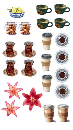 coffee cups and saucers with flowers on the side are arranged in different shapes, sizes and colors