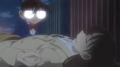 an anime character laying in bed with his head on the pillow and another person standing next to him