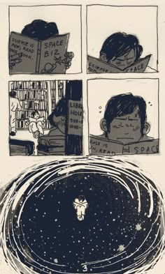 a comic strip with an image of a boy reading in the library and another cartoon about space