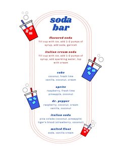 the menu for soda bar with two drinks and icecream on white background illustration