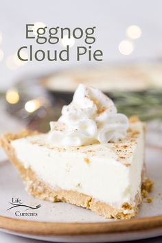 a slice of eggnog cloud pie on a plate