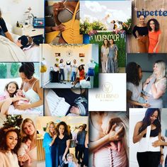 a collage of photos with women in different outfits and one woman holding a baby