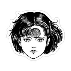 a sticker with an image of a woman's face and spirals on her forehead