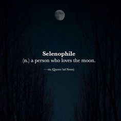 a dark forest with trees and the moon in the sky above it that says, selenophile n a person who loves the moon