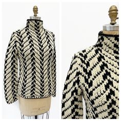 This sweater is so chic. IT's an acrylic/wool blend with a thicker yarn and a nice loose hand knit stitch. It's made in China and it was originally sold at The Limited in the early 2000's. Very nice quality and very cozy. I love the chevron/houndstooth kind of pattern and the higher neckline.   Size: XS-S (tag says XS but it work for S easily too...) Bust: 38'' Waist/hem: 34'' Length: 26 1/2'' Condition: Very good, some soft wear and pilling. Thick Yarn, Hand Knitted Sweaters, Pullover Sweater Women, Knit Stitch, High Neckline, Women Pullover, The Limited, Pullover Sweaters, Sweater Outfits