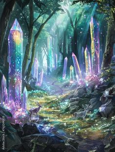 an image of a fantasy forest scene with crystal stones and deer in the foreground