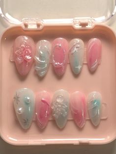 Handmade bubblegum pink and blue mermaid fairy jelly gel press on nails! Comes with cuticle pusher, nail glue and file.  DM for custom sizing! #coquette #fairy #kawaii # Pink And Blue Cotton Candy, Japan Nail Art, Blue And White Nails, Princess Mermaid, Blue Cotton Candy, Mermaid Pink, Candy Jelly, Acrylic Press On Nails, Mermaid Nails