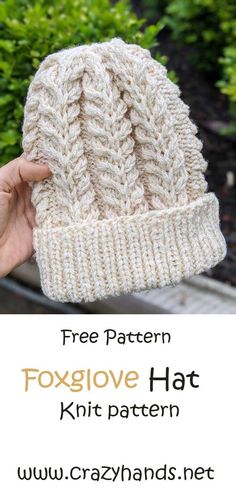 a knitted hat with text overlay that says free pattern foxglove hat knitting pattern