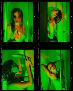 four photos of a woman in the shower with green light on her face and hair