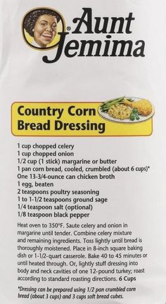 a bag of country corn bread dressing sitting on top of a white tablecloth with the label