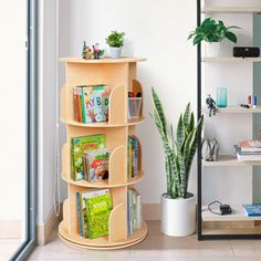 there is a bookshelf in the living room with many books on it and a potted plant next to it