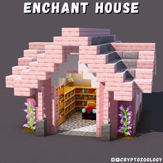 the entrance to an enchant house made out of lego blocks with flowers and bookshelves