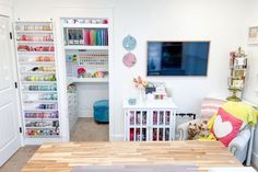 a craft room with sewing supplies on shelves