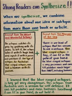 a piece of paper with writing on it that says strong readers can symbolize when we synsise, we combine information about one idea or subject from more than one book or article