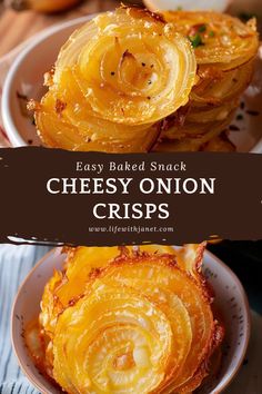 an onion dish on a plate with the words easy baked snack cheesy onion crisps