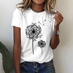 Category:T-shirt; Fabric:100% Cotton; Sleeve Length:Short Sleeve; Look After Me:Machine wash,Washable,Wet and Dry Cleaning; Gender:Women's; Theme:Floral,Painting; Style:Basic; Elasticity:Micro-elastic; Tops Type:T Shirt; Occasion:Holiday,Casual,Weekend; Details:Without Lining; Top Length:Regular Tops; Fit Type:Regular Fit; Pattern:Dandelion,Butterfly; Design:Print; Neckline:Round Neck; Brand:Shall We; Bust:; Length:null; Sleeve:; Fit US Size:null; Fit UK Size:null; Fit EU Size:null; Print Type:3 Dandelion Designs, Yellow Butterfly, Estilo Chic, Loose Tops, Fine Fabric, Outfit Casual, Look Chic, Street Styles, Stylus