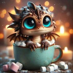 a little dragon sitting in a cup with marshmallows around it's legs