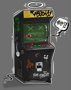 an old fashioned video game with graffiti on the side and a speech bubble above it