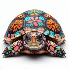 a colorful turtle is sitting on the ground