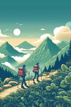 The Illustration captures the spirit of adventure with two people hiking in the mountains. Hiking Illustration, Mountains Illustration, Mountain Illustration, Hiking Adventure, Watercolor Art Lessons, Two People, Pen Drawing, In The Mountains