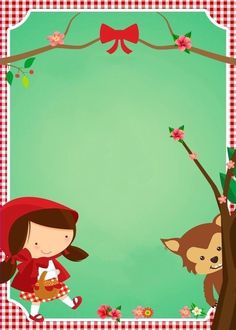 a little red riding on the back of a brown bear next to a tree and a monkey