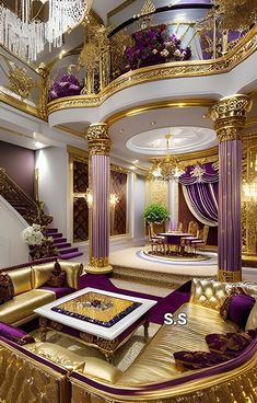 a living room filled with gold and purple couches next to a stair case covered in chandelier