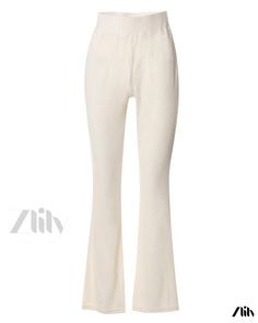 Zlily - Solid Color High-Waisted Elastic Ribbed Flared Casual Pants White Ribbed Bottoms For Fall, High Waist Solid Ribbed Bottoms, Ribbed High Waist Pants, Casual Ribbed Bottoms, Ribbed Fitted Bottoms For Spring, Fitted Ribbed Bottoms For Spring, Chic Ribbed Bottoms For Spring, White Ribbed Bottoms For Spring, Wide Leg Cotton Leggings For Spring