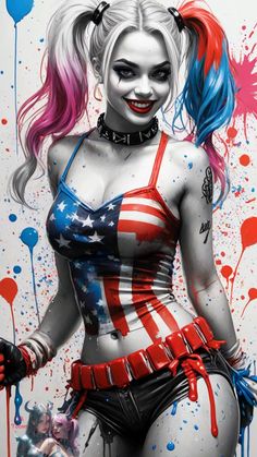 a painting of a woman with red, white and blue hair wearing an american flag outfit