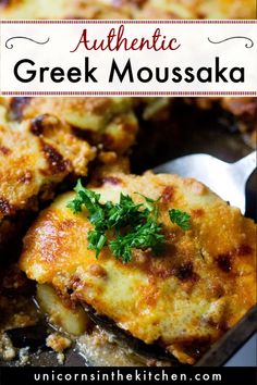 greek moussaka with parsley on top and text overlay that reads authentic greek moussaka