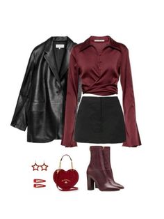 Red Top With Black Skirt, Wine Red Outfit Aesthetic, Maroon Red Outfit, Cherry Red Top Outfit, Red And Black Casual Outfit Ideas, Red Silk Top Outfit, Red Concert Outfit Ideas, Red And Black Outfits For Women Classy, Dark Red Top Outfit