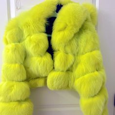 Mustard Neon Fox Fur Crop Onsale- From @Thedollhousemink - I Am The Owner! This Is A Showroom Sale ( Ready To Ship) Although You Can Buy From My Website Alsothis Fur Is A Crop Hooded- Originally Priced $$700 (Size 12)- Comfortably Fits Sizes 8-12 Zipper Closure Yellow Fall Party Outerwear, Cosmic Carnival, Zebra Print Fashion, Channel Shoes, Grey Skirt Suit, Neon Carnival, Faded Glory Jeans, Mink Jacket, Ruched Sleeve Blazer