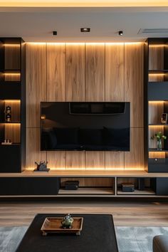 modern living room with wood paneling and built - in entertainment center