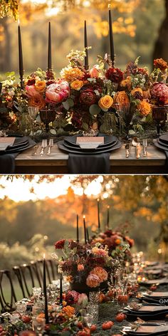 two photographs of the same table setting with flowers and candles on it, one in front of